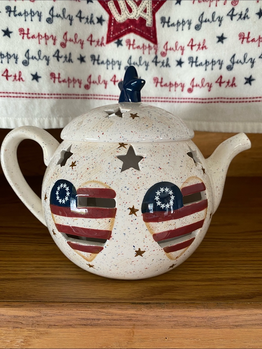 Vintage Home Interiors Patriotic Heart Lantern Teapot - Red, White & Blue